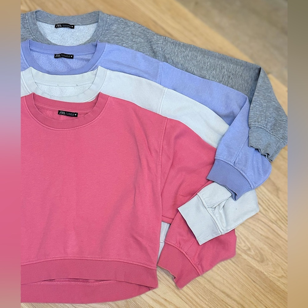 ZARA Cropped Sweatshirt Bundle – Pink, Cream, Purple & Gray (Size L)